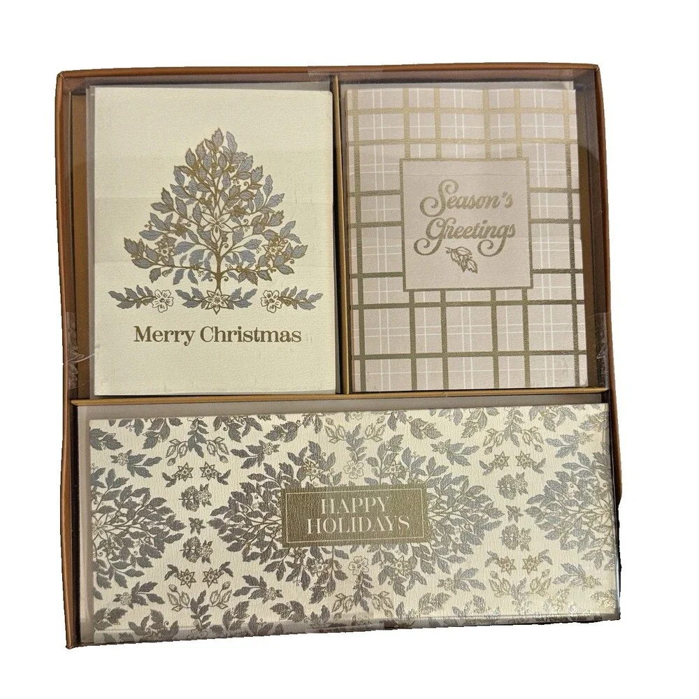 Elum Holiday Christmas Cards and Envelopes Gold Ivory Set of 18 Happy Holidays